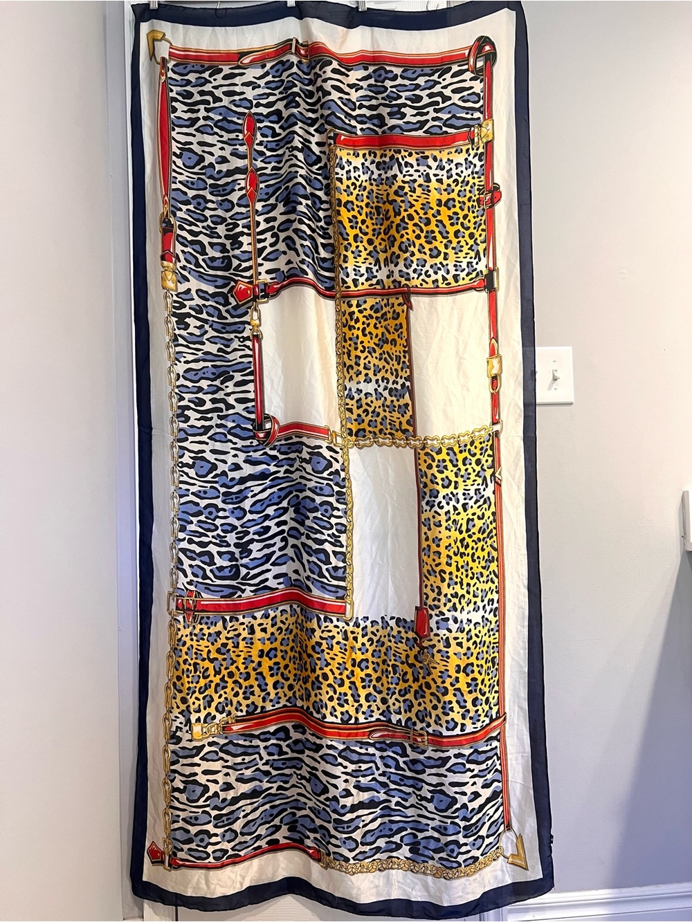 100% XL 3’x6’ Silk Vintage Equestrian Large Shawl Leopard Print Chain
